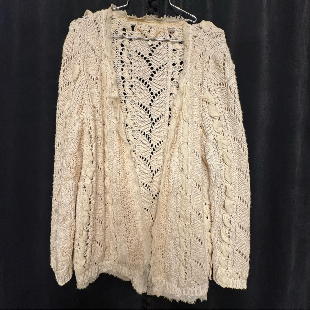 Knitted & Knotted Cardigan Open Front Cream Women's M Anthropologie Crochet‎